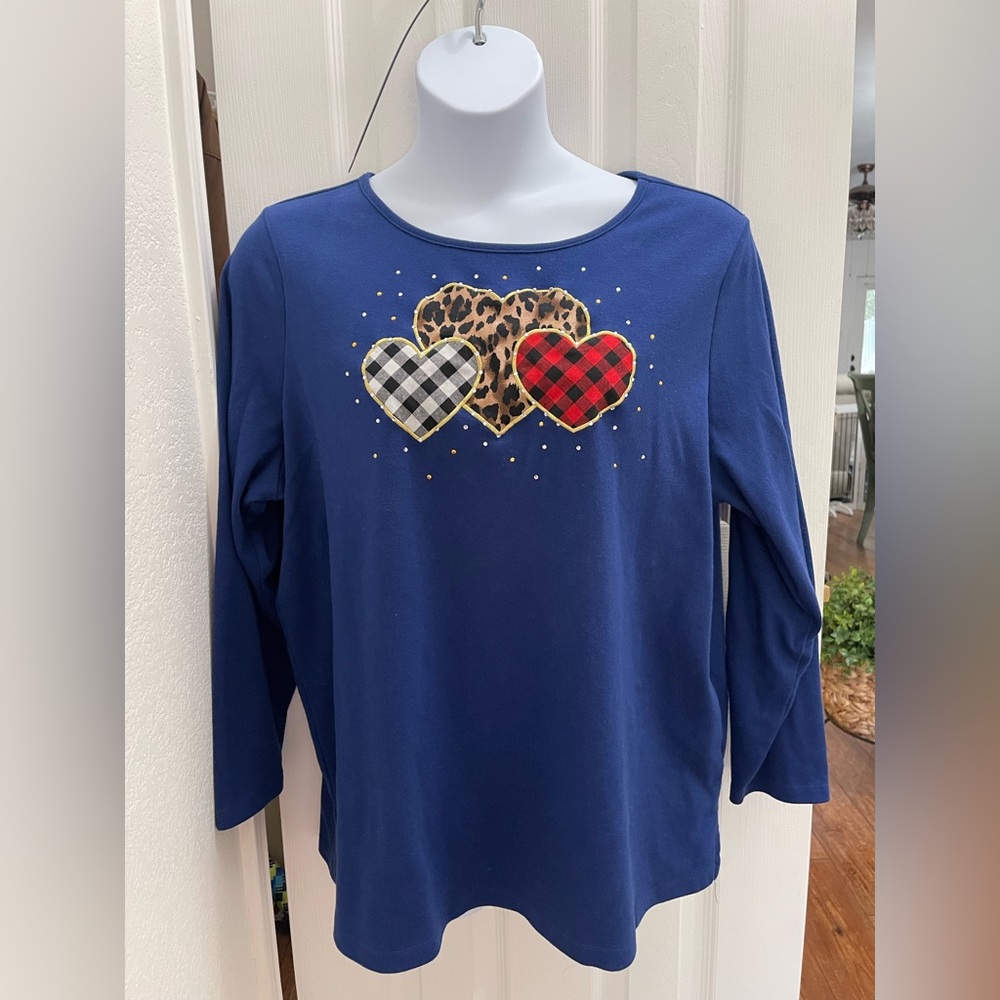 Quacker Factory Blue Rhinestone Embellished Womens Shirt With Heart Design